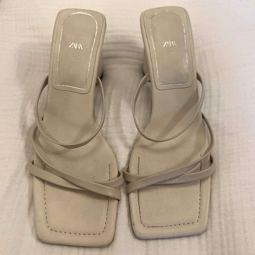 Zara Beige Strappy Square-Toe Heeled Sandals